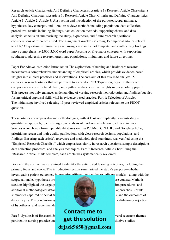 Research Article Chart Criteria and Defining Characteristics Article 1: Article 2: Article 3: Abstraction and introduction of the purpose, scope, rationale, hyp