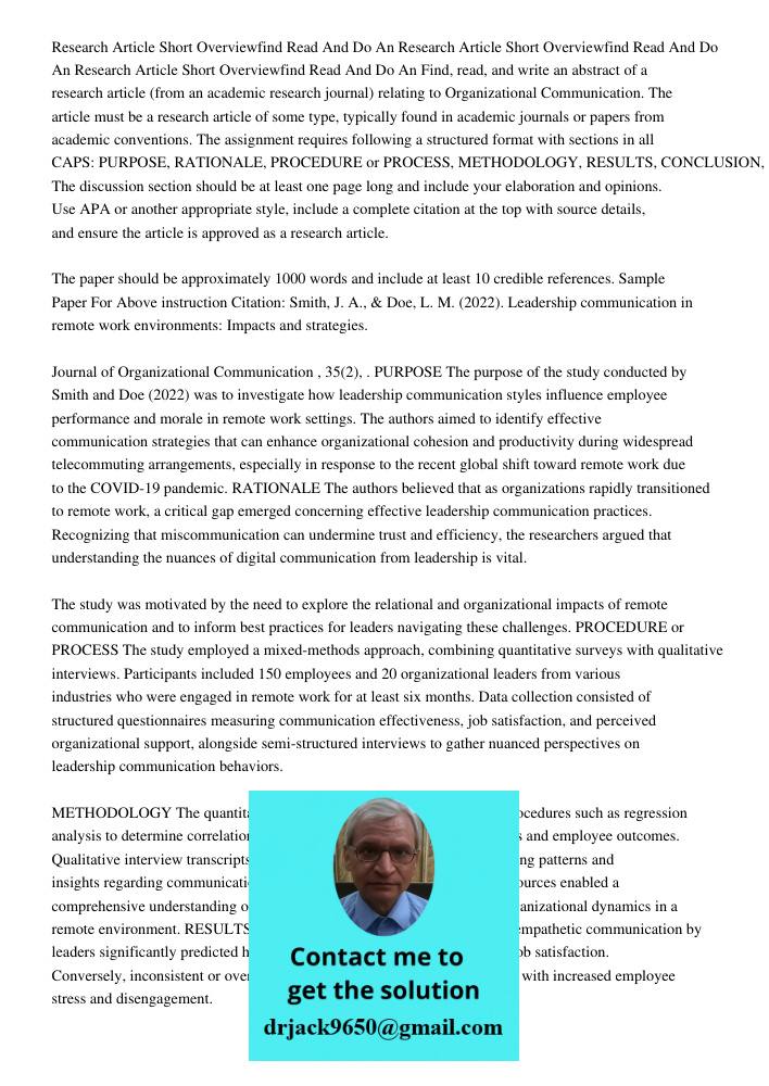 Research Article Short Overviewfind Read And Do An Find, read, and write an abstract of a research article (from an academic research journal) relating to Organ