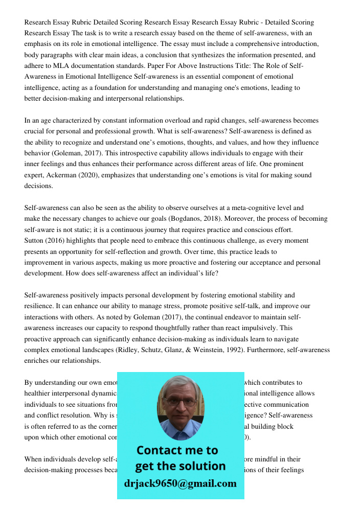 The task is to write a research essay based on the theme of self-awareness, with an emphasis on its role in emotional intelligence. The essay must include a com