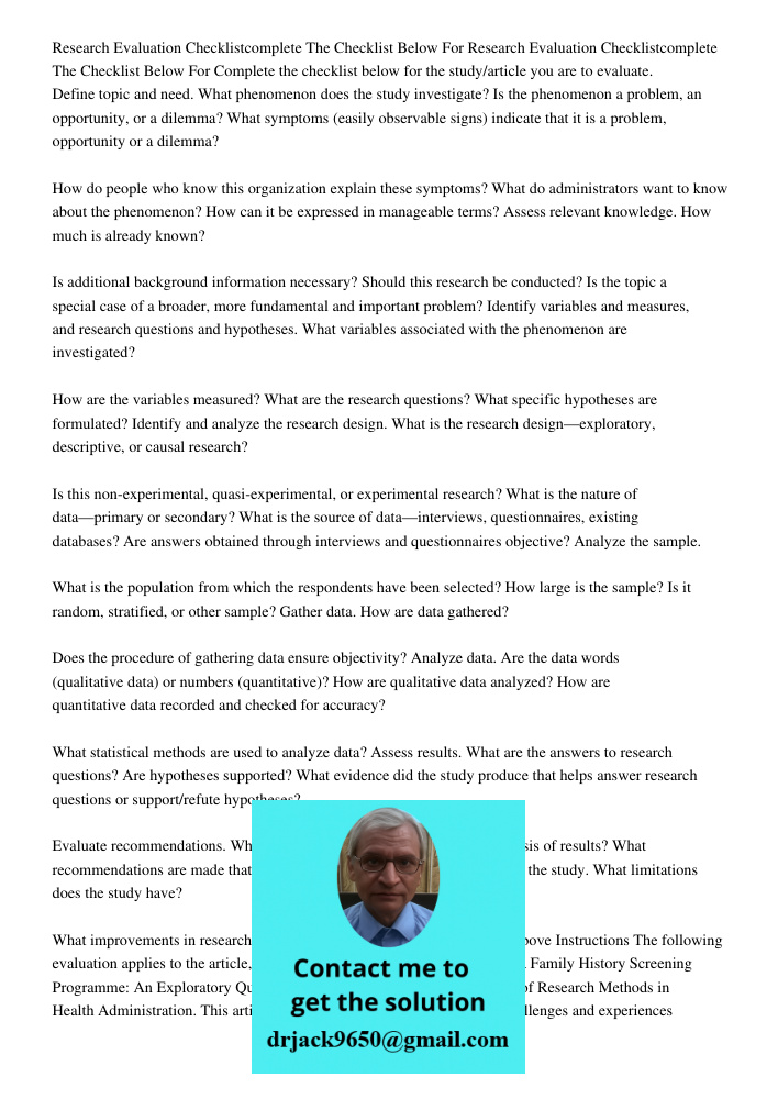 Complete the checklist below for the study/article you are to evaluate. Define topic and need. What phenomenon does the study investigate? Is the phenomenon a p
