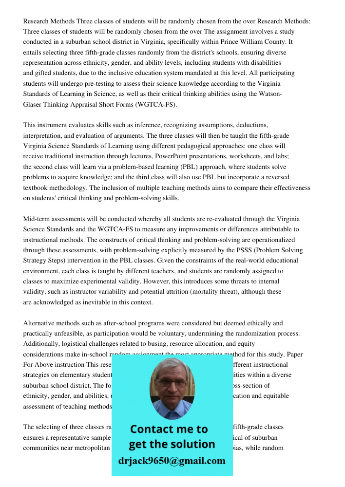 The assignment involves a study conducted in a suburban school district in Virginia, specifically within Prince William County. It entails selecting three fifth