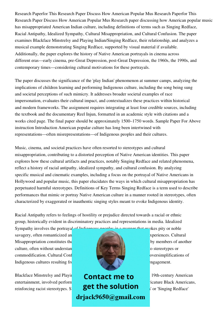Research paper discussing how American popular music has misappropriated American Indian culture, including definitions of terms such as Singing Redface, Racial