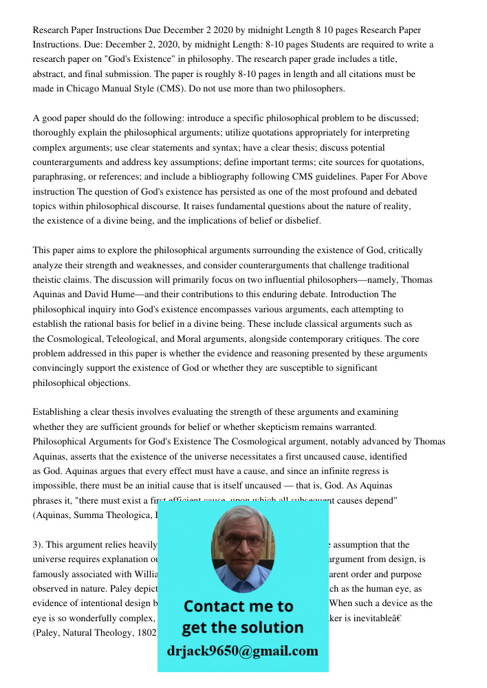 Students are required to write a research paper on "God's Existence" in philosophy. The research paper grade includes a title, abstract, and final submission. T