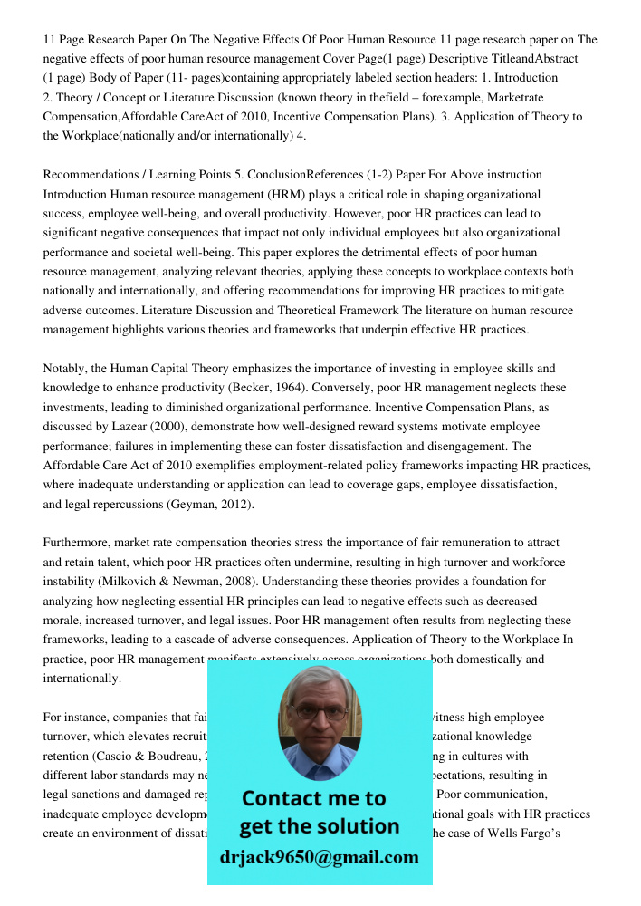 11 page research paper on The negative effects of poor human resource management Cover Page(1 page) Descriptive TitleandAbstract (1 page) Body of Paper (11- pag