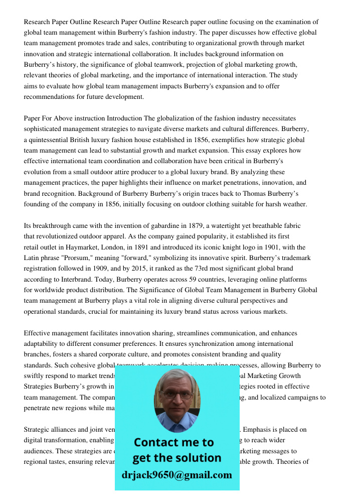 Research paper outline focusing on the examination of global team management within Burberry's fashion industry. The paper discusses how effective global team m