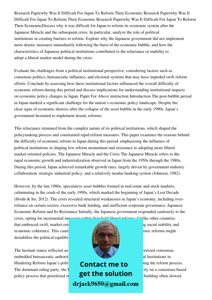 Research Paperwhy Was It Difficult For Japan To Reform Their EconomicDiscuss why it was difficult for Japan to reform its economic system after the Japanese Mir