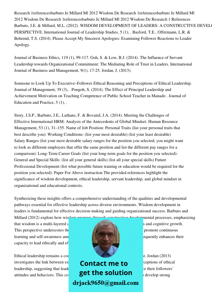 Research 1referencesbarbuto Je Millard Ml 2012 Wisdom De Research 1 References Barbuto, J.E. & Millard, M.L. (2012). WISDOM DEVELOPMENT OF LEADERS: A CONSTRUCTI