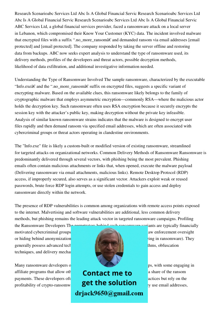 Research Scenarioabc Services Ltd Abc Is A Global Financial Servic ABC Services Ltd, a global financial services provider, faced a ransomware attack on a local 