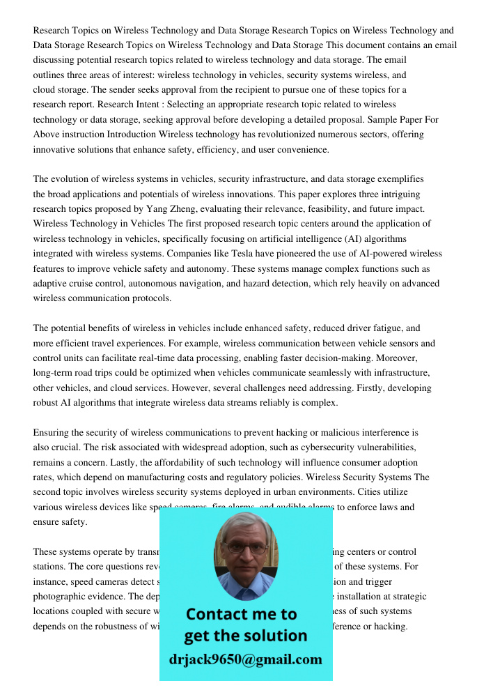 Research Topics on Wireless Technology and Data Storage This document contains an email discussing potential research topics related to wireless technology and 