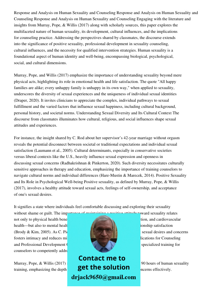 Response and Analysis on Human Sexuality and Counseling Engaging with the literature and insights from Murray, Pope, & Willis (2017) along with scholarly source