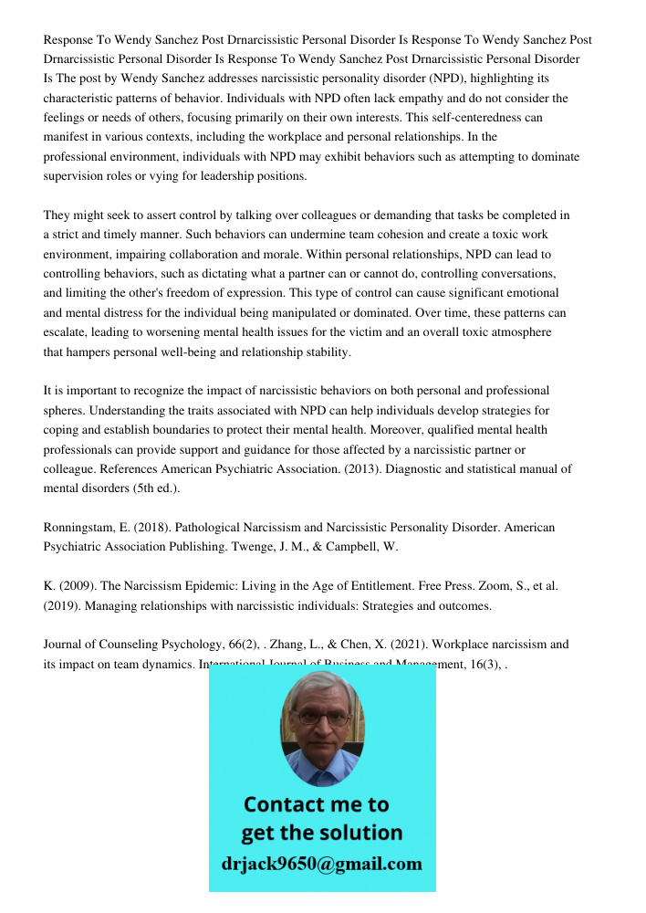 Response To Wendy Sanchez Post Drnarcissistic Personal Disorder Is The post by Wendy Sanchez addresses narcissistic personality disorder (NPD), highlighting its
