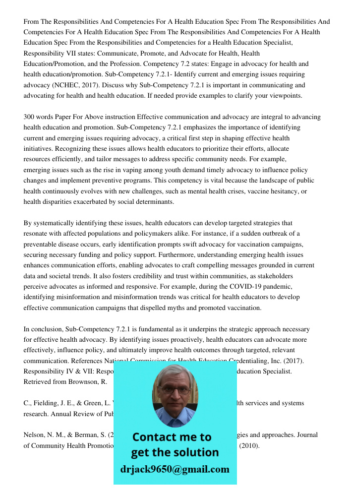 From The Responsibilities And Competencies For A Health Education Spec From the Responsibilities and Competencies for a Health Education Specialist, Responsibil