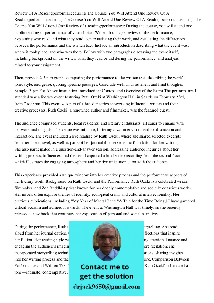 Review Of A Readingperformanceduring The Course You Will Attend One Review of a reading/performance: During the course, you will attend one public reading or pe