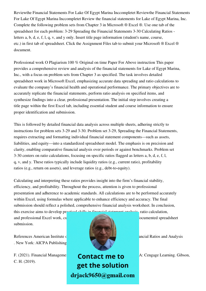 Review the financial statements for Lake of Egypt Marina, Inc. Complete the following problem sets from Chapter 3 in Microsoft ® Excel ®. Use one tab of the spr