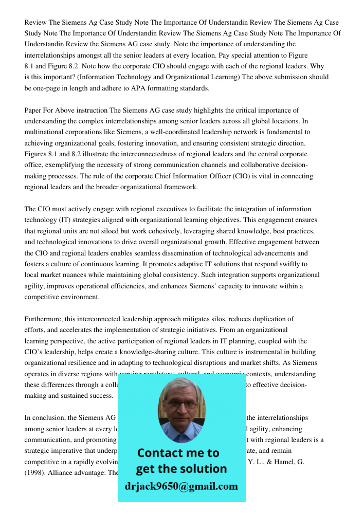 Review The Siemens Ag Case Study Note The Importance Of Understandin Review the Siemens AG case study. Note the importance of understanding the interrelationshi