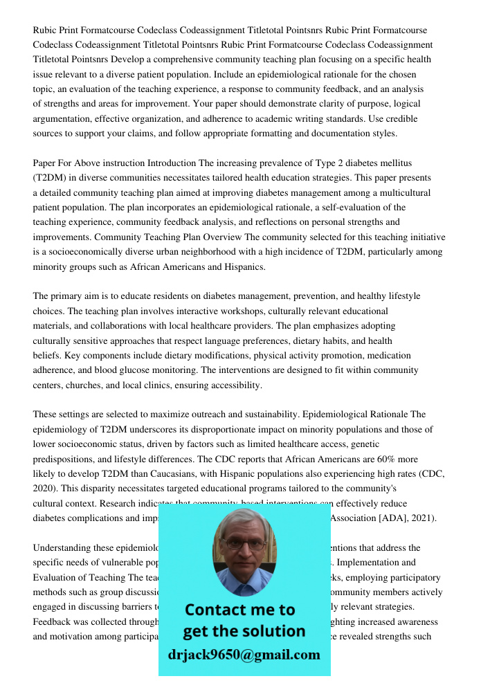 Rubic Print Formatcourse Codeclass Codeassignment Titletotal Pointsnrs Develop a comprehensive community teaching plan focusing on a specific health issue relev