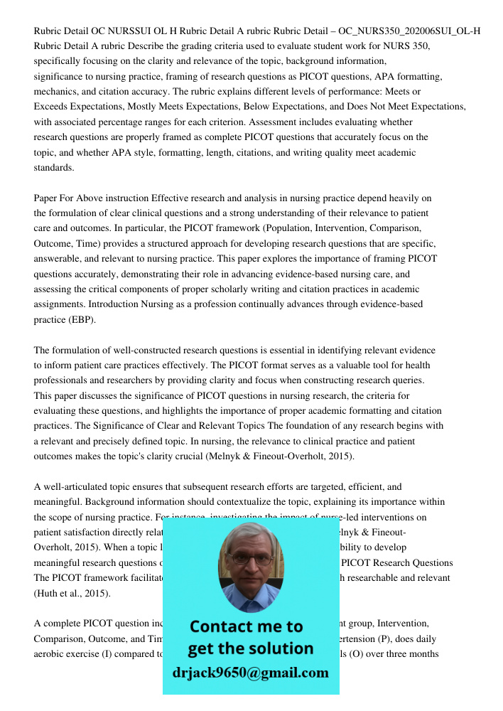Describe the grading criteria used to evaluate student work for NURS 350, specifically focusing on the clarity and relevance of the topic, background informatio