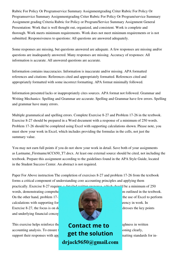 Rubric For Policy Or Program/service Summary Assignment grading Criteria Rubric for Policy or Program/Service Summary Assignment General Presentation: Work that