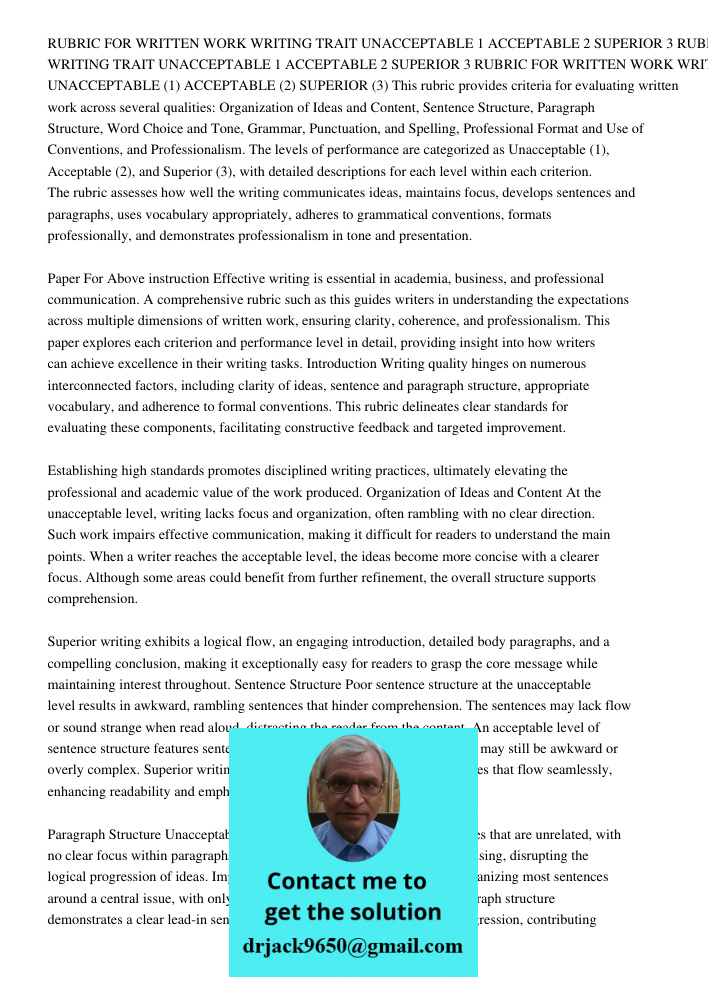 RUBRIC FOR WRITTEN WORK WRITING TRAIT UNACCEPTABLE 1 ACCEPTABLE 2 SUPERIOR 3 This rubric provides criteria for evaluating written work across several qualities: