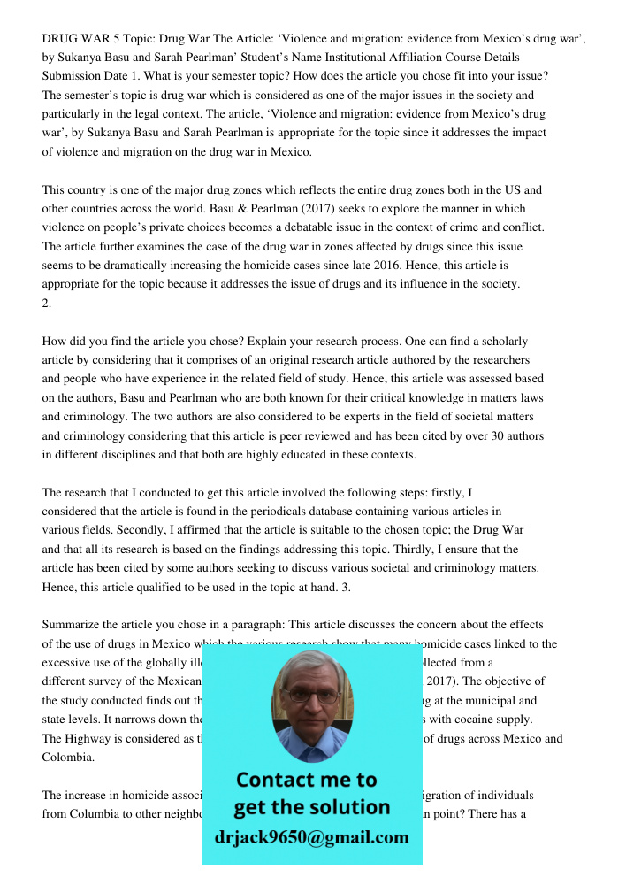 Running Head Drug War1drug War 5topic Drug Warthe Article Viol DRUG WAR 5 Topic: Drug War The Article: ‘Violence and migration: evidence from Mexico’s drug war’
