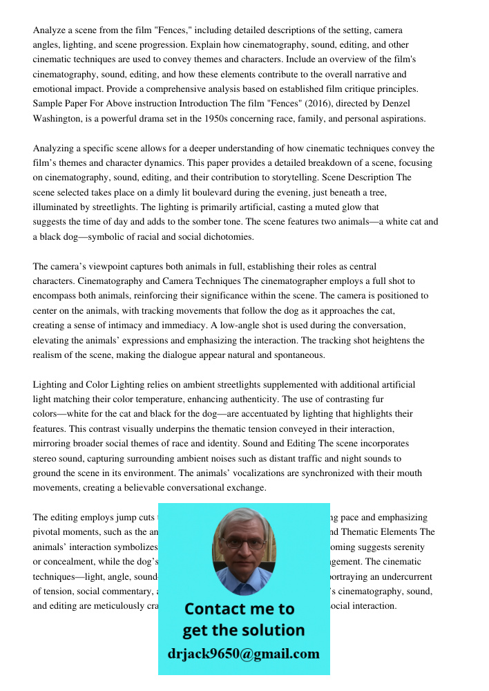 Running Head Film Analysis Fences1running Head Film Analysis F Analyze a scene from the film "Fences," including detailed descriptions of the setting, camera an