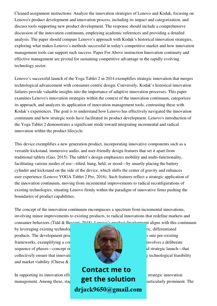 Cleaned assignment instructions: Analyze the innovation strategies of Lenovo and Kodak, focusing on Lenovo's product development and innovation process, includi