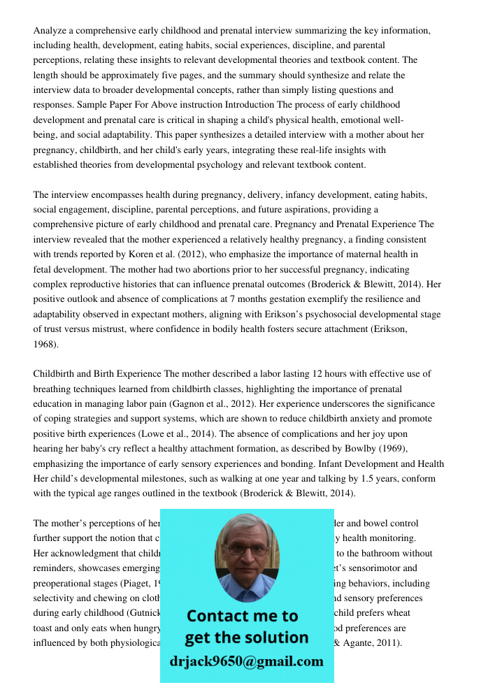 Running Head Parent Questionaire 1parent Questionnaire Analyze a comprehensive early childhood and prenatal interview summarizing the key information, including