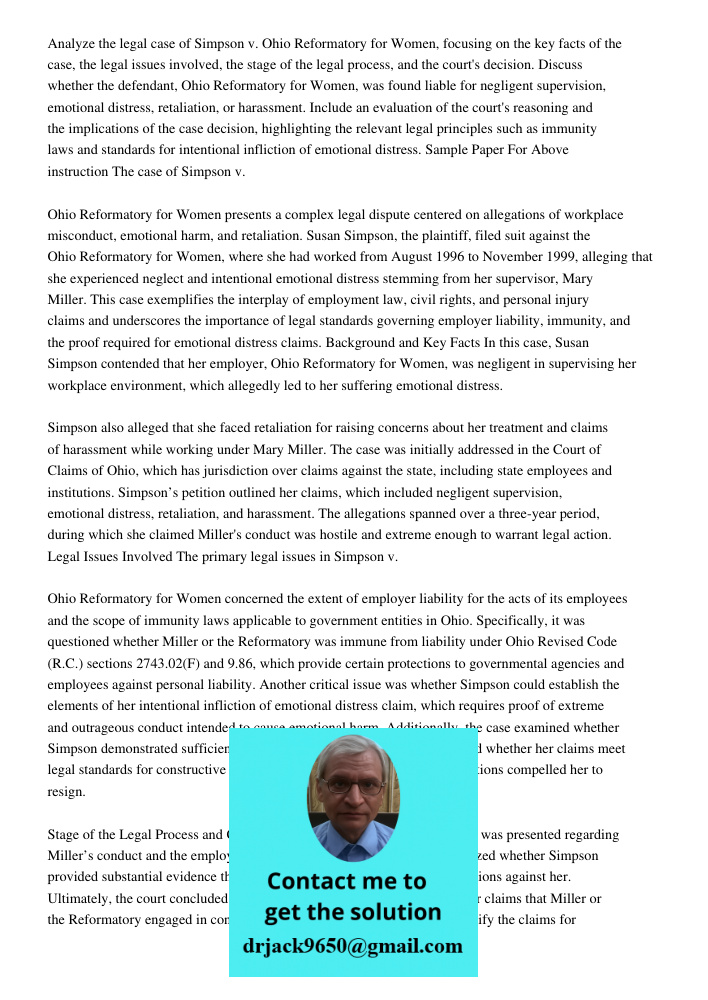 Analyze the legal case of Simpson v. Ohio Reformatory for Women, focusing on the key facts of the case, the legal issues involved, the stage of the legal proces