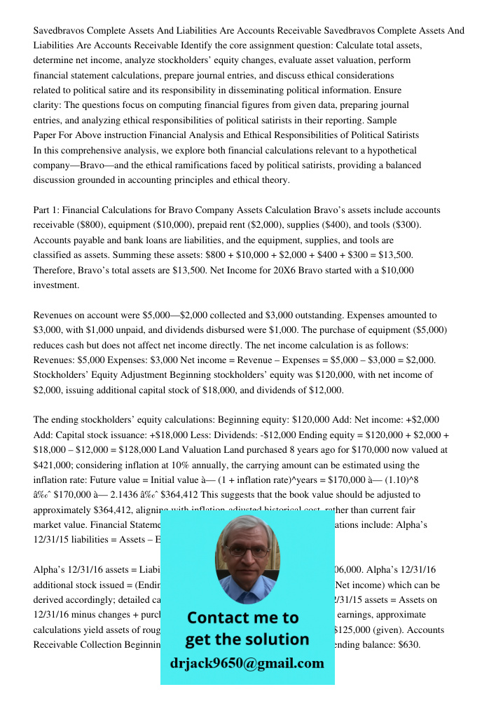 Identify the core assignment question: Calculate total assets, determine net income, analyze stockholders’ equity changes, evaluate asset valuation, perform fin