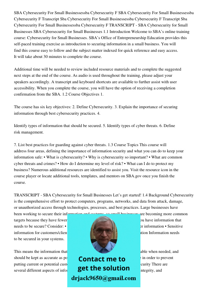 Transcript Sba Cybersecurity For Small Businessessba Cybersecurity F Transcript Sba Cybersecurity For Small Businessessba Cybersecurity F TRANSCRIPT - SBA Cyber