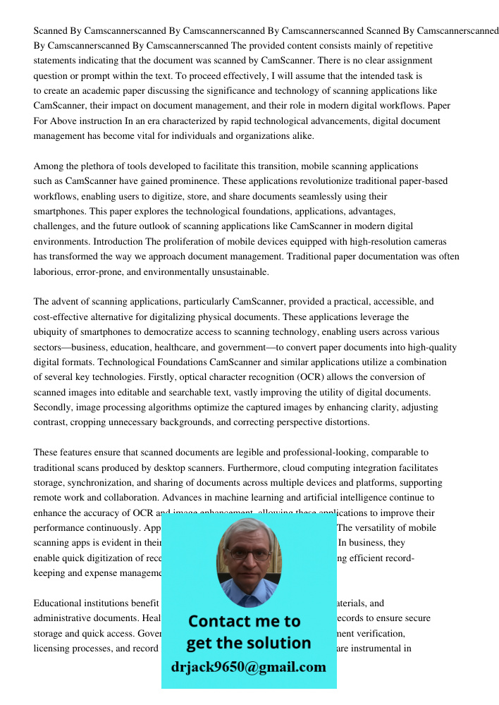 The provided content consists mainly of repetitive statements indicating that the document was scanned by CamScanner. There is no clear assignment question or p