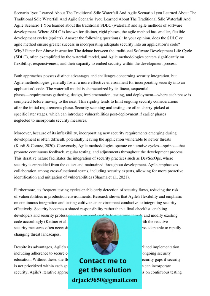 Scenario 1you Learned About The Traditional Sdlc Waterfall And Agile Scenario 1 You learned about the traditional SDLC (waterfall) and agile methods of software