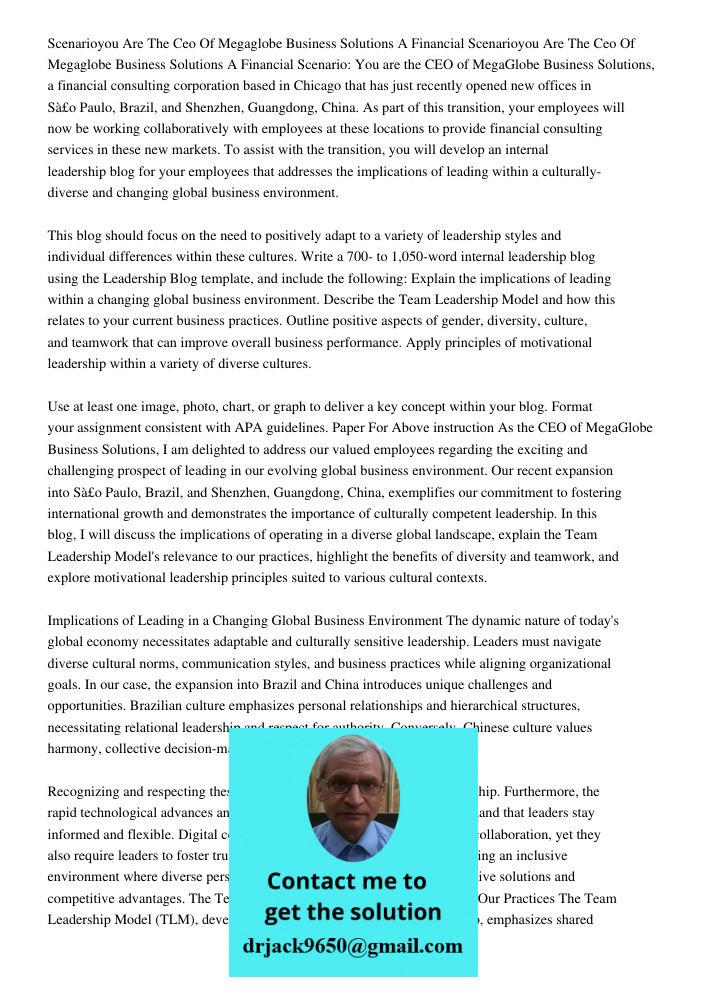 Scenario: You are the CEO of MegaGlobe Business Solutions, a financial consulting corporation based in Chicago that has just recently opened new offices in São 