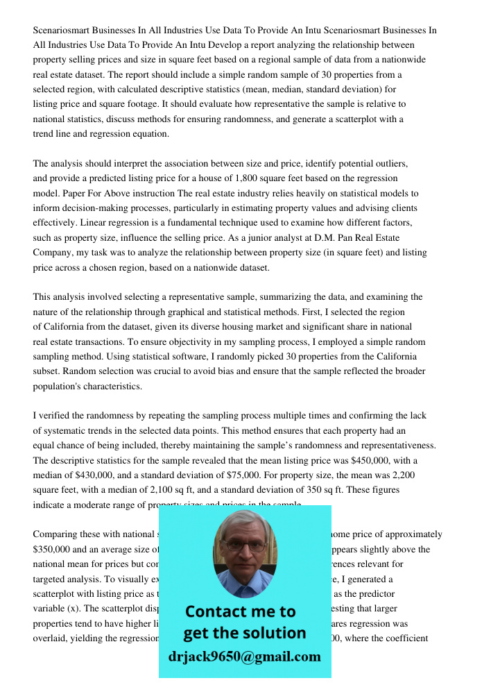 Develop a report analyzing the relationship between property selling prices and size in square feet based on a regional sample of data from a nationwide real es