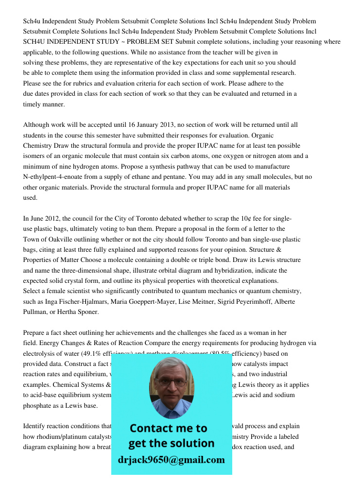 Sch4u Independent Study Problem Setsubmit Complete Solutions Incl SCH4U INDEPENDENT STUDY ~ PROBLEM SET Submit complete solutions, including your reasoning wher