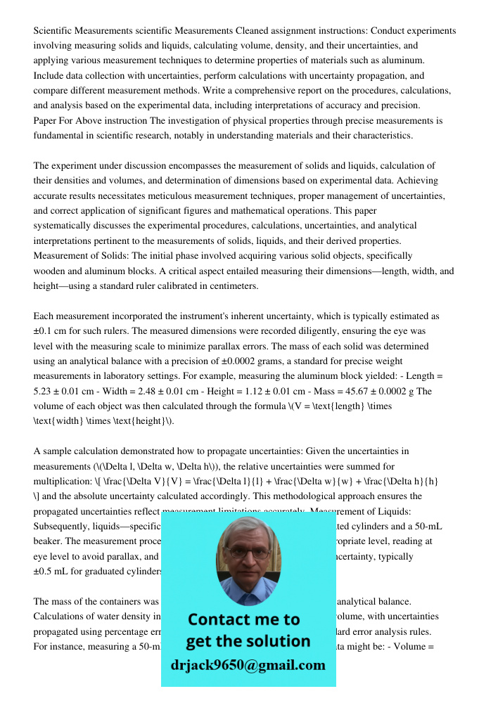 Cleaned assignment instructions: Conduct experiments involving measuring solids and liquids, calculating volume, density, and their uncertainties, and applying 