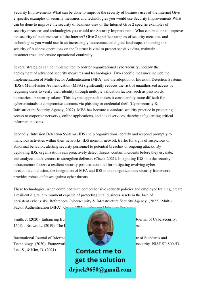 Security Improvements What can be done to improve the security of business uses of the Internet Give 2 specific examples of security measures and technologies y