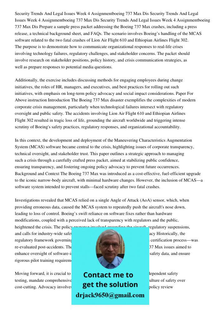 Security Trends And Legal Issues Week 4 Assignmentboeing 737 Max Dis Prepare a sample press packet addressing the Boeing 737 Max crashes, including a press rele