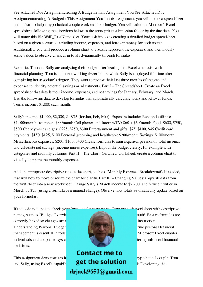 In this assignment, you will create a spreadsheet and a chart to help a hypothetical couple work out their budget. You will submit a Microsoft Excel spreadsheet