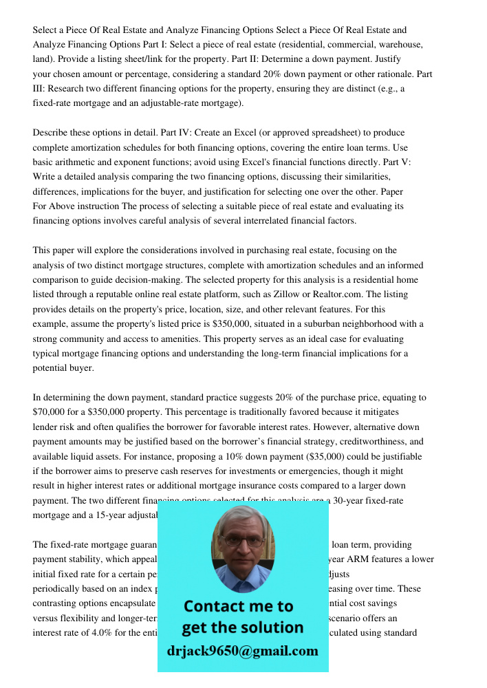 Part I: Select a piece of real estate (residential, commercial, warehouse, land). Provide a listing sheet/link for the property. Part II: Determine a down payme