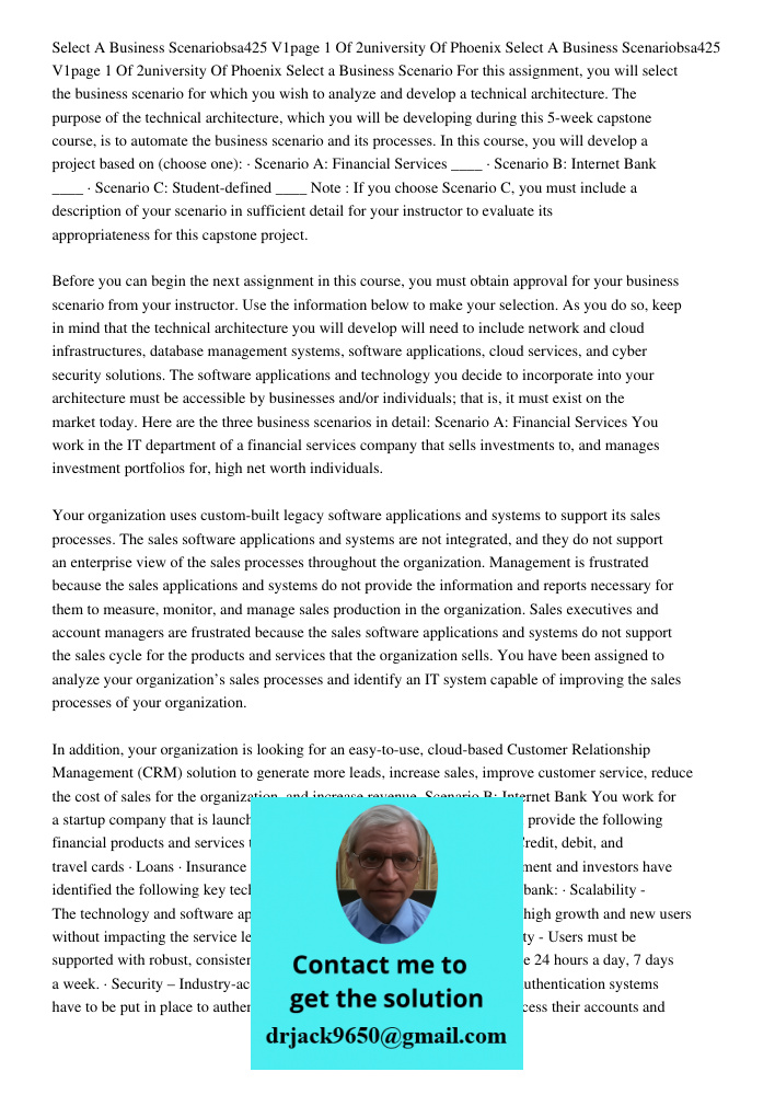 Select a Business Scenario For this assignment, you will select the business scenario for which you wish to analyze and develop a technical architecture. The pu