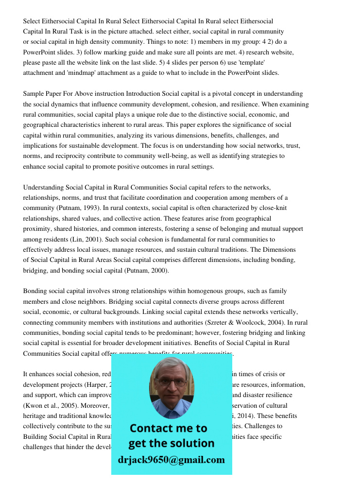 Select Eithersocial Capital In Rural Task is in the picture attached. select either, social capital in rural community or social capital in high density communi