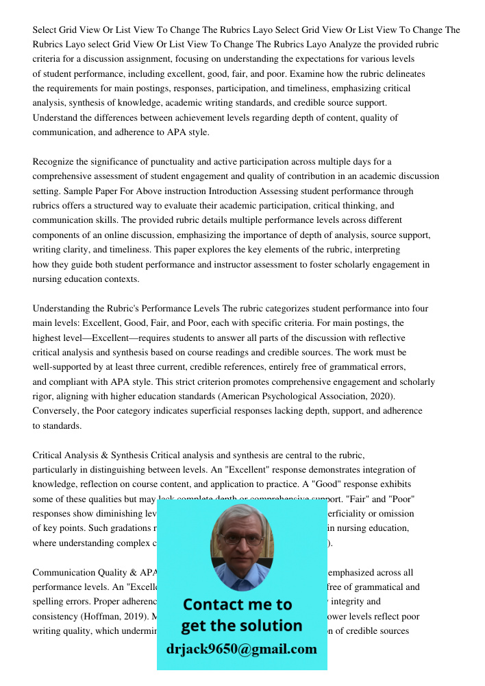 Select Grid View Or List View To Change The Rubrics Layo Analyze the provided rubric criteria for a discussion assignment, focusing on understanding the expecta