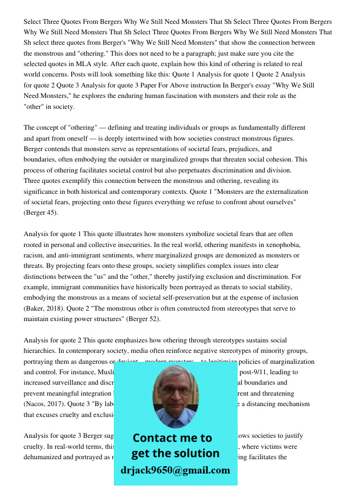 Select Three Quotes From Bergers Why We Still Need Monsters That Sh select three quotes from Berger's "Why We Still Need Monsters" that show the connection betw