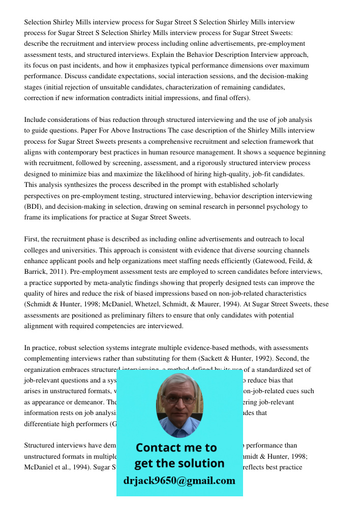 Selection Shirley Mills interview process for Sugar Street Sweets: describe the recruitment and interview process including online advertisements, pre-employmen