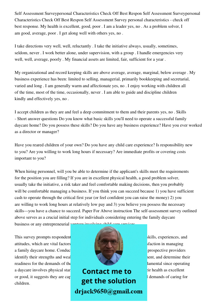 Self Assessment Survey personal characteristics - check off best response. My health is excellent, good, poor. I am a leader yes, no. As a problem solver, I am 
