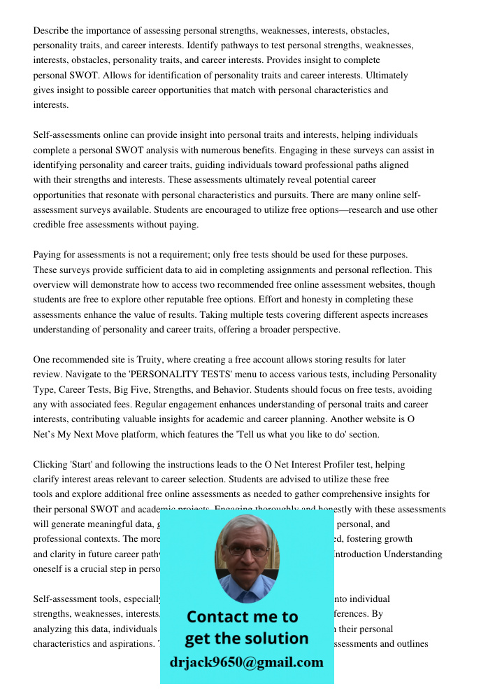 Self Assessmentsonline Self Assessment Surveys12116 Copyright Describe the importance of assessing personal strengths, weaknesses, interests, obstacles, persona