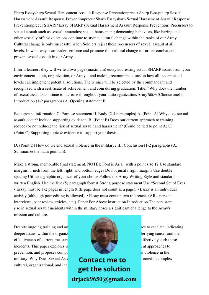 Sharp Essaysharp Sexual Harassment Assault Response Preventionprecur SHARP Essay SHARP (Sexual Harassment Assault Response Prevention) Precursors to sexual assa