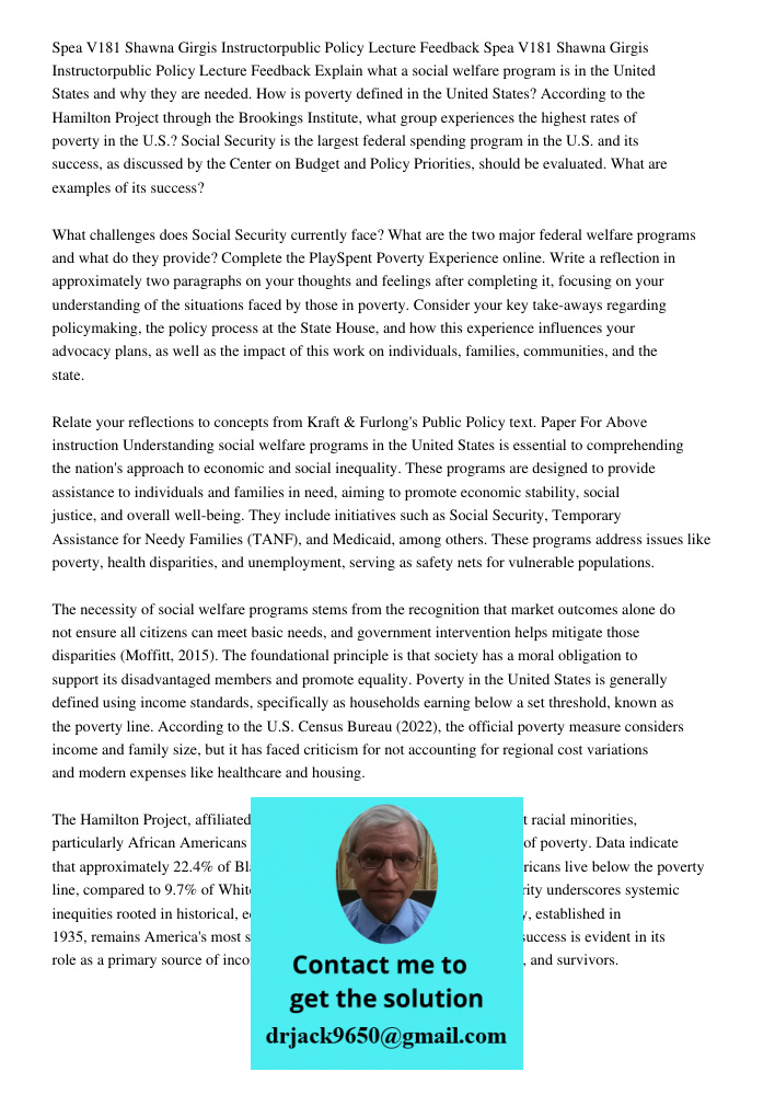 Explain what a social welfare program is in the United States and why they are needed. How is poverty defined in the United States? According to the Hamilton Pr