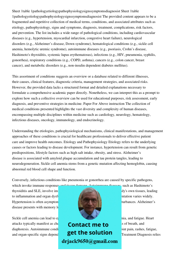 The provided content appears to be a fragmented and repetitive collection of medical terms, conditions, and associated attributes such as etiology, pathophysiol